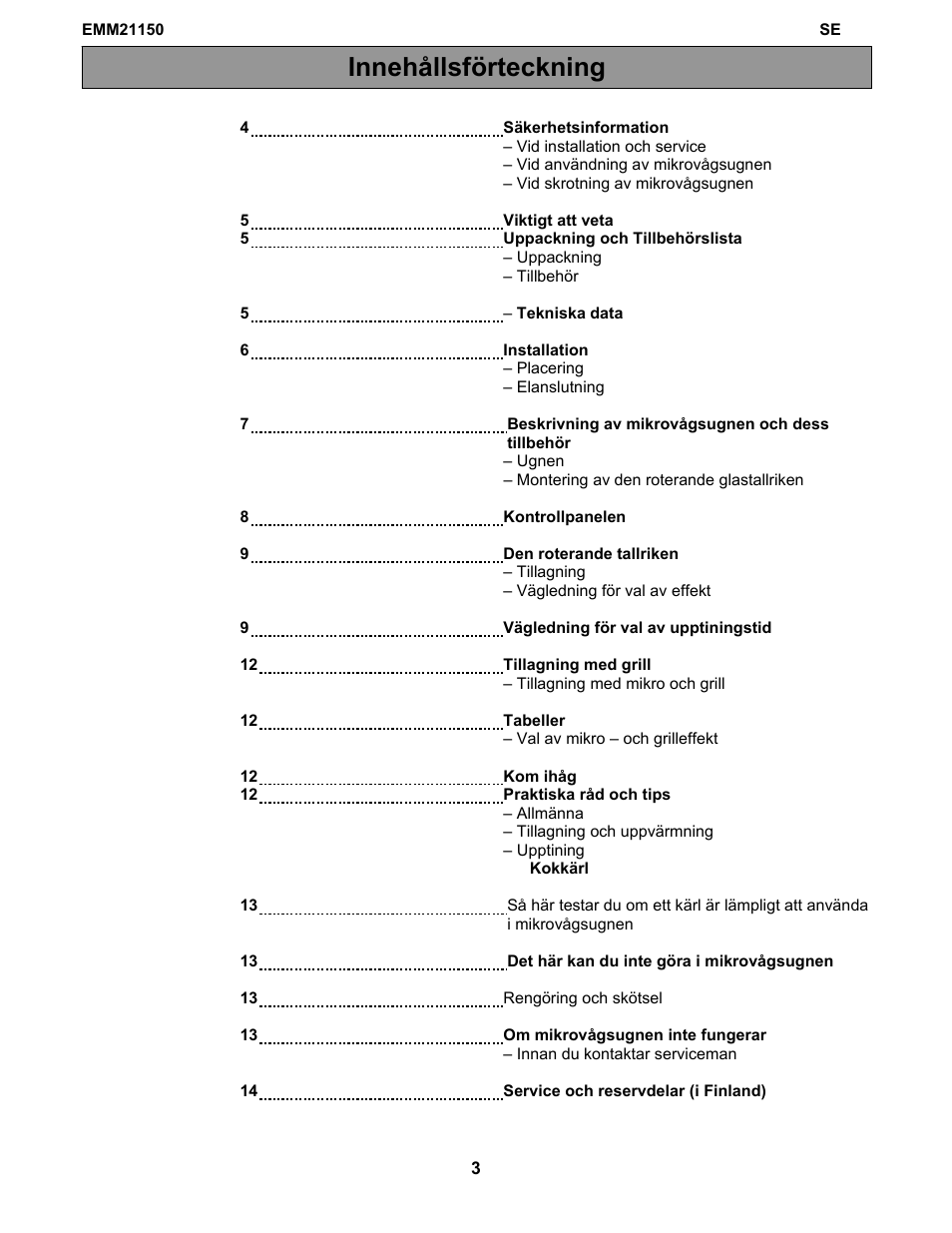 Innehållsförteckning | Electrolux EMM21150W User Manual | Page 138 / 180