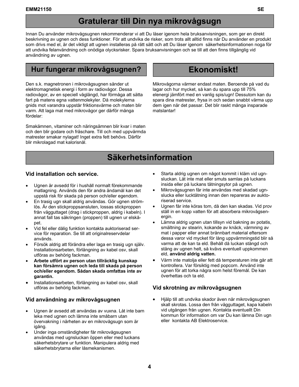 Gratulerar till din nya mikrovågsugn, Ekonomiskt! säkerhetsinformation, Hur fungerar mikrovågsugnen | Electrolux EMM21150W User Manual | Page 139 / 180