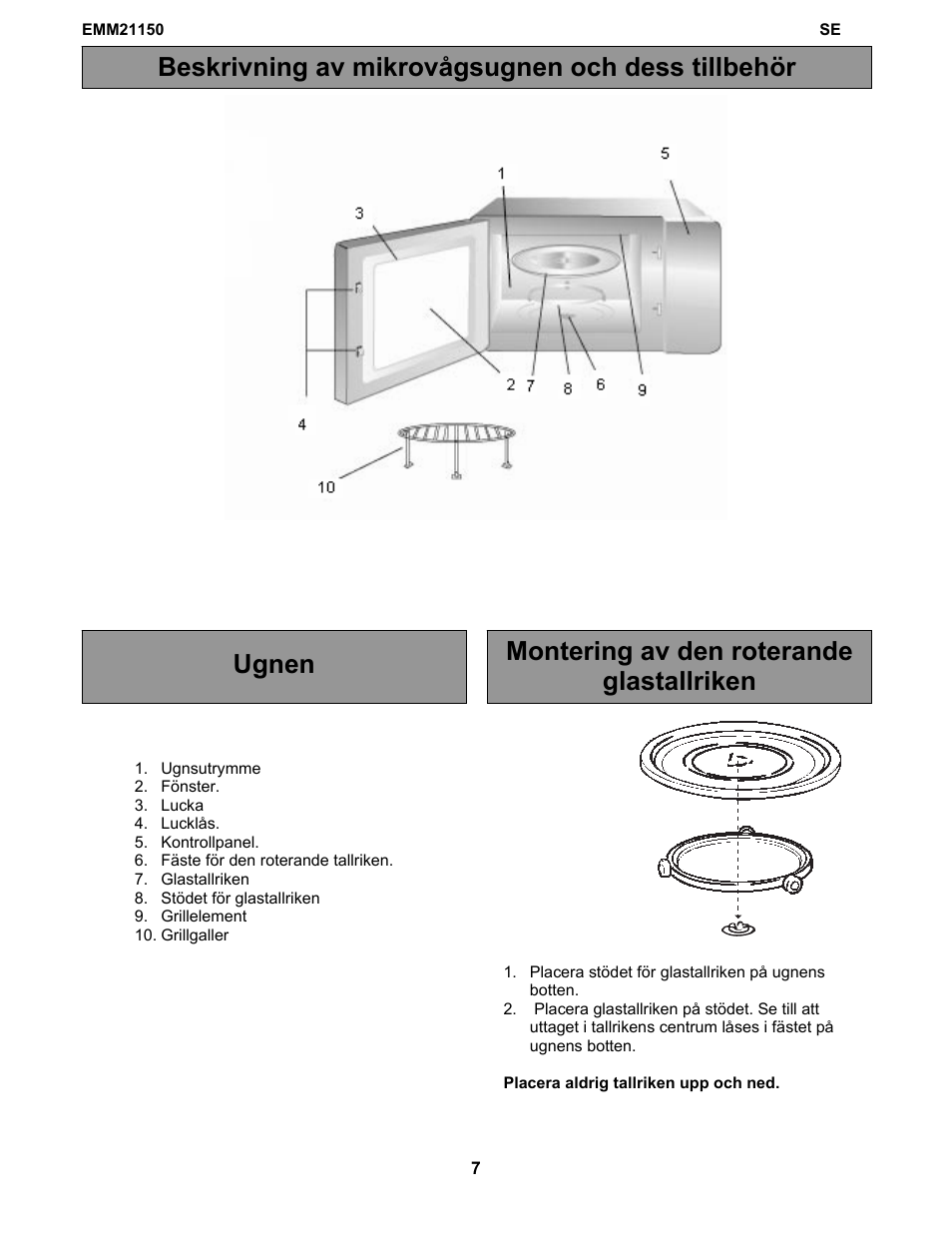 Beskrivning av mikrovågsugnen och dess tillbehör, Ugnen montering av den roterande glastallriken | Electrolux EMM21150W User Manual | Page 142 / 180