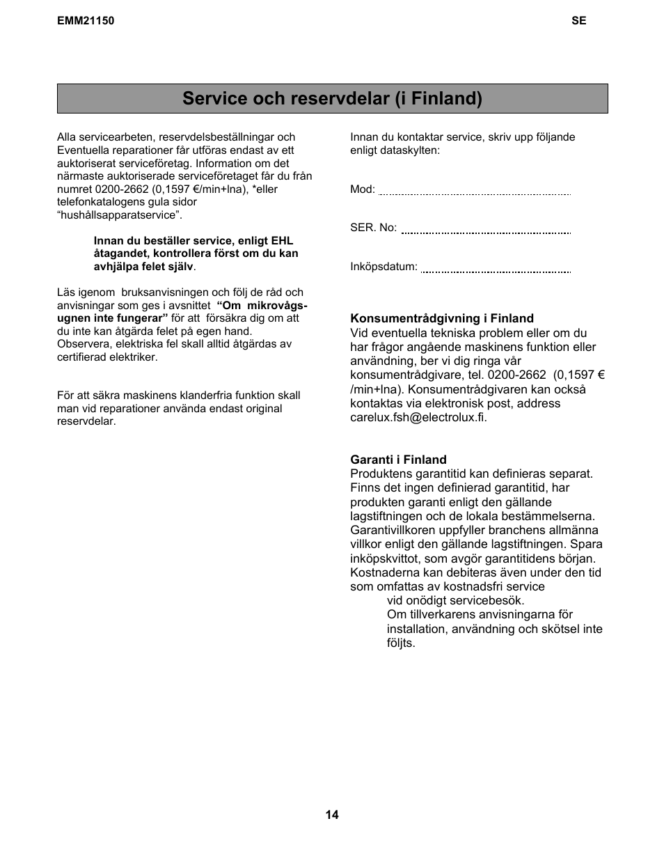 Service och reservdelar (i finland) | Electrolux EMM21150W User Manual | Page 149 / 180