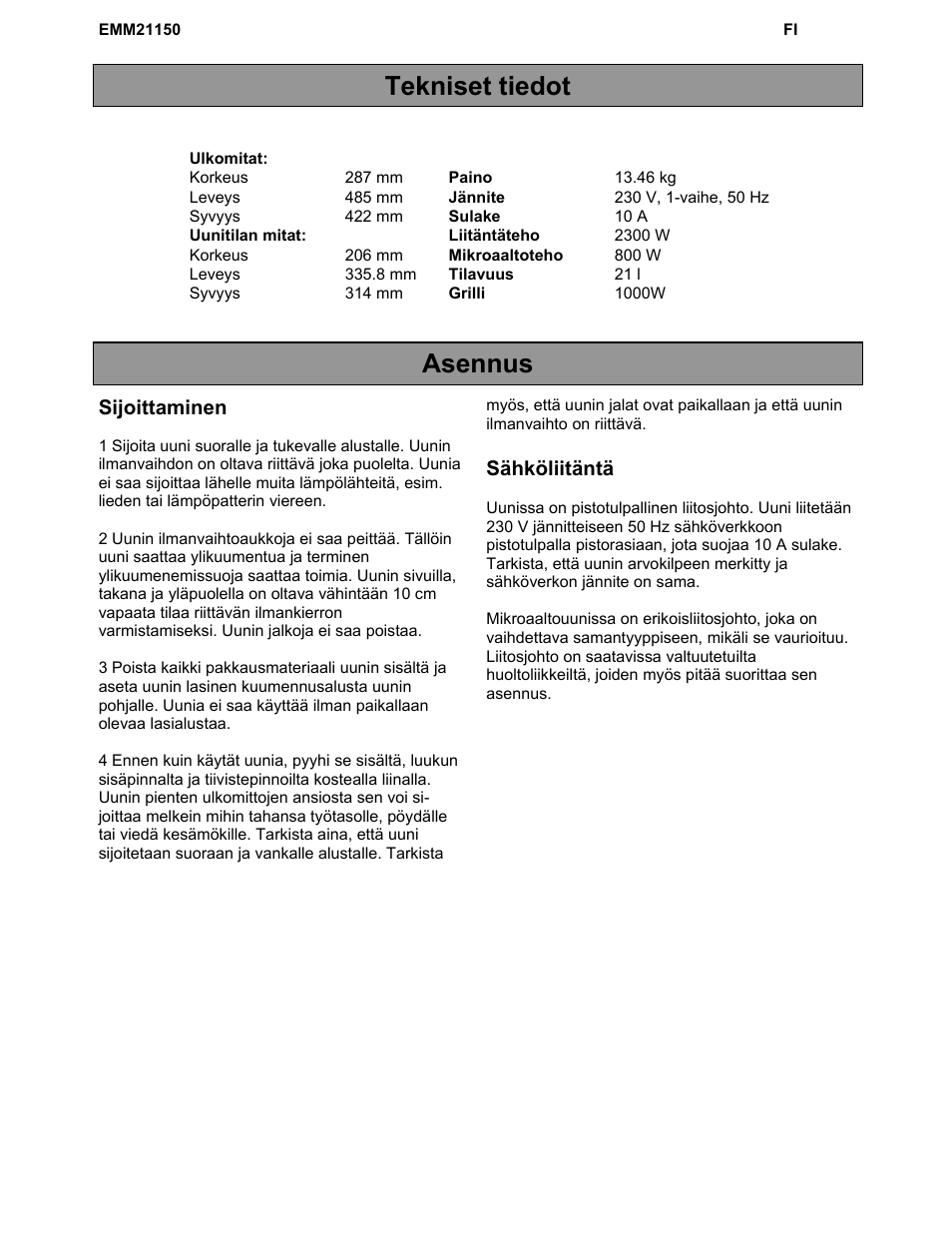 Tekniset tiedot asennus, Sijoittaminen, Sähköliitäntä | Electrolux EMM21150W User Manual | Page 153 / 180