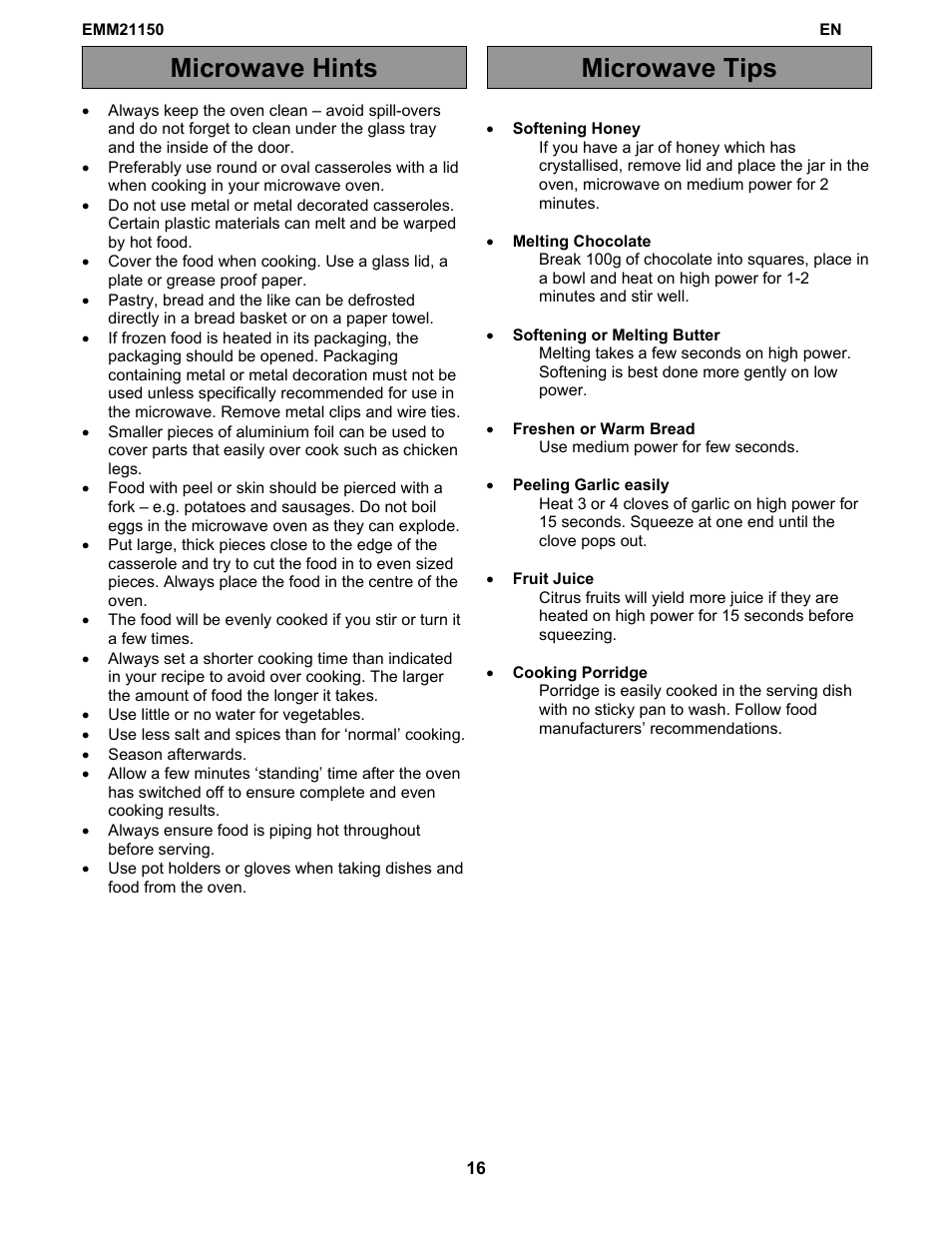 Microwave hints microwave tips | Electrolux EMM21150W User Manual | Page 16 / 180