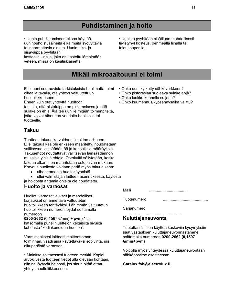 Takuu, Huolto ja varaosat, Kuluttajaneuvonta | Electrolux EMM21150W User Manual | Page 162 / 180