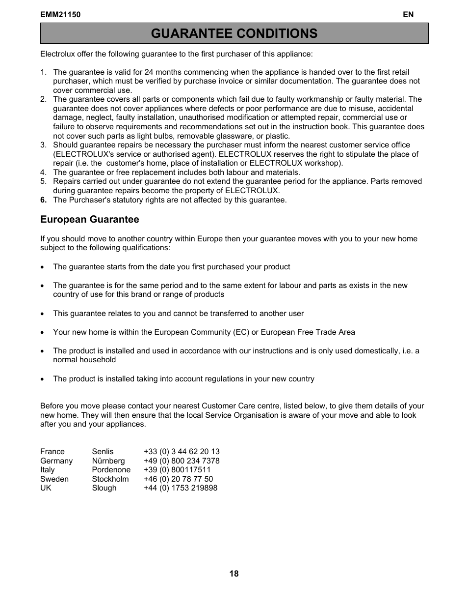 Guarantee conditions, European guarantee | Electrolux EMM21150W User Manual | Page 18 / 180
