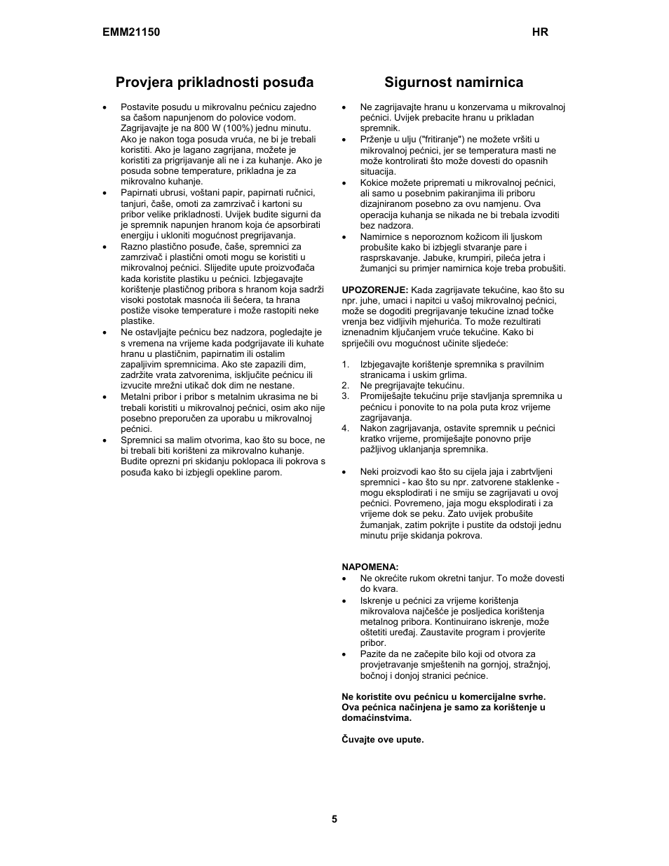 Provjera prikladnosti posuđa, Sigurnost namirnica | Electrolux EMM21150W User Manual | Page 21 / 180