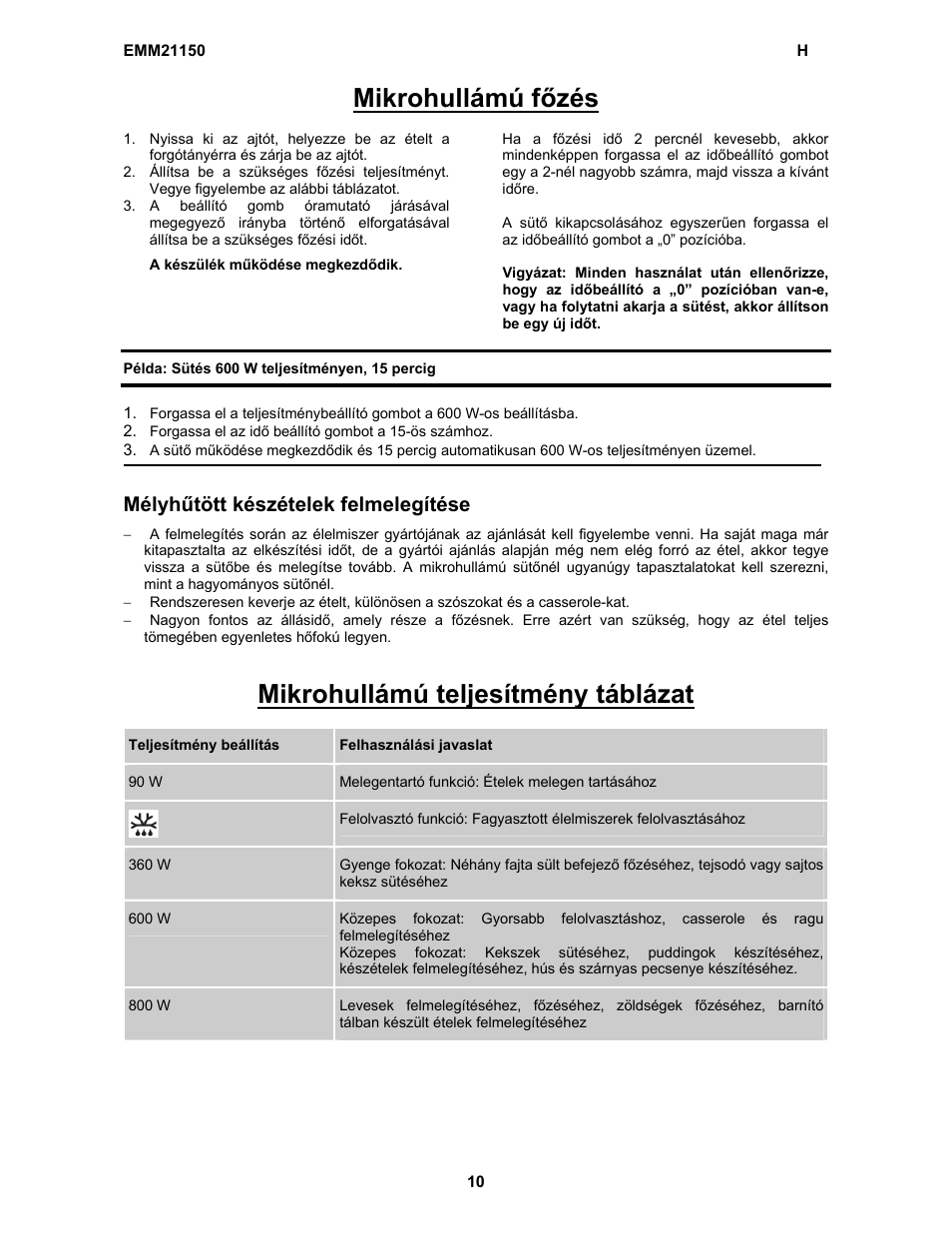 Mikrohullámú főzés, Mikrohullámú teljesítmény táblázat, Mélyhűtött készételek felmelegítése | Electrolux EMM21150W User Manual | Page 40 / 180