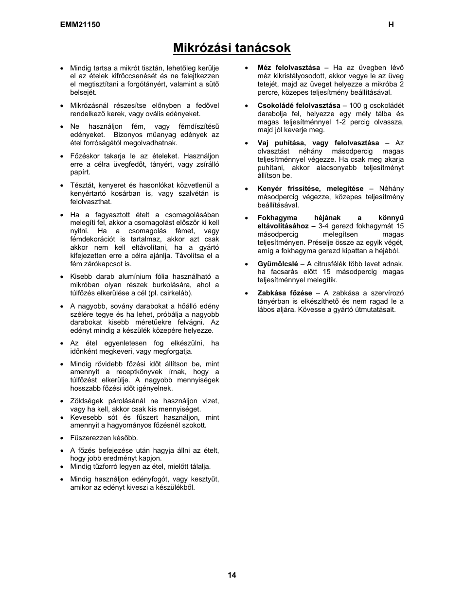 Mikrózási tanácsok | Electrolux EMM21150W User Manual | Page 44 / 180