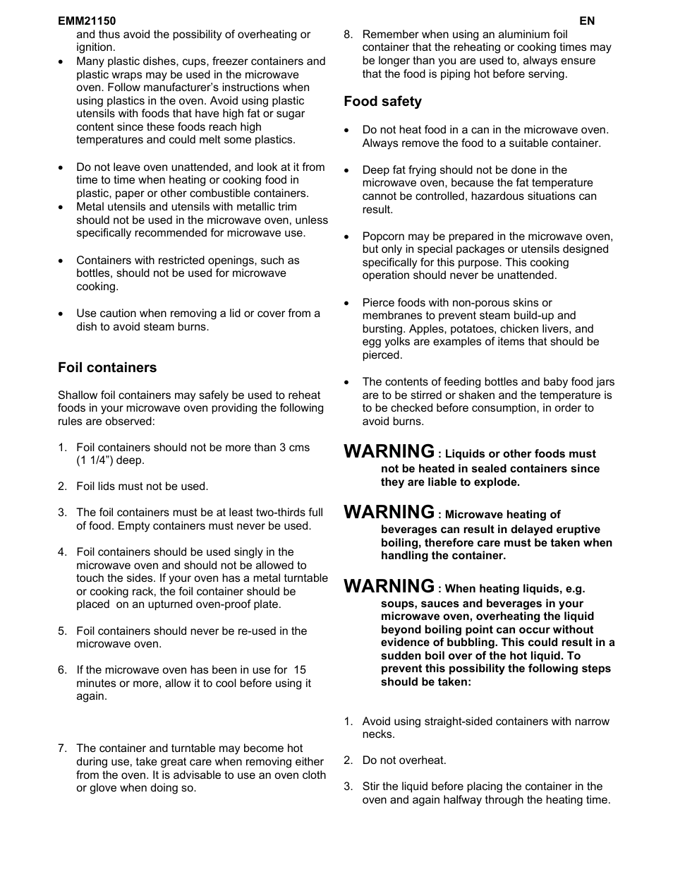 Warning | Electrolux EMM21150W User Manual | Page 6 / 180