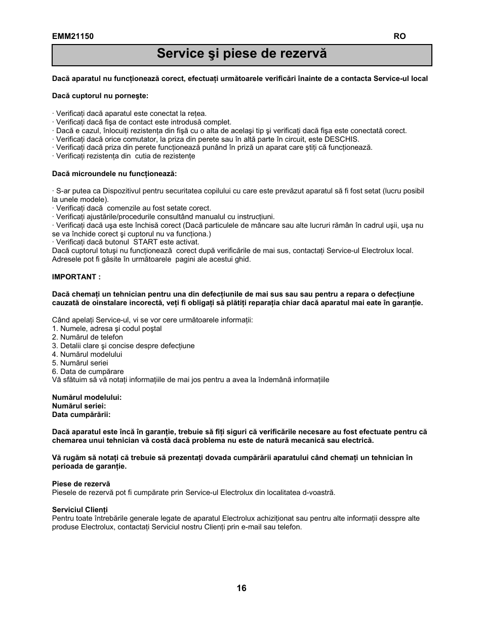 Service şi piese de rezervă | Electrolux EMM21150W User Manual | Page 60 / 180