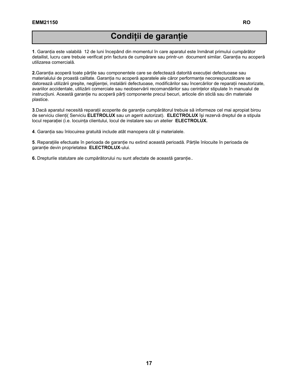 Condiţii de garanţie | Electrolux EMM21150W User Manual | Page 61 / 180