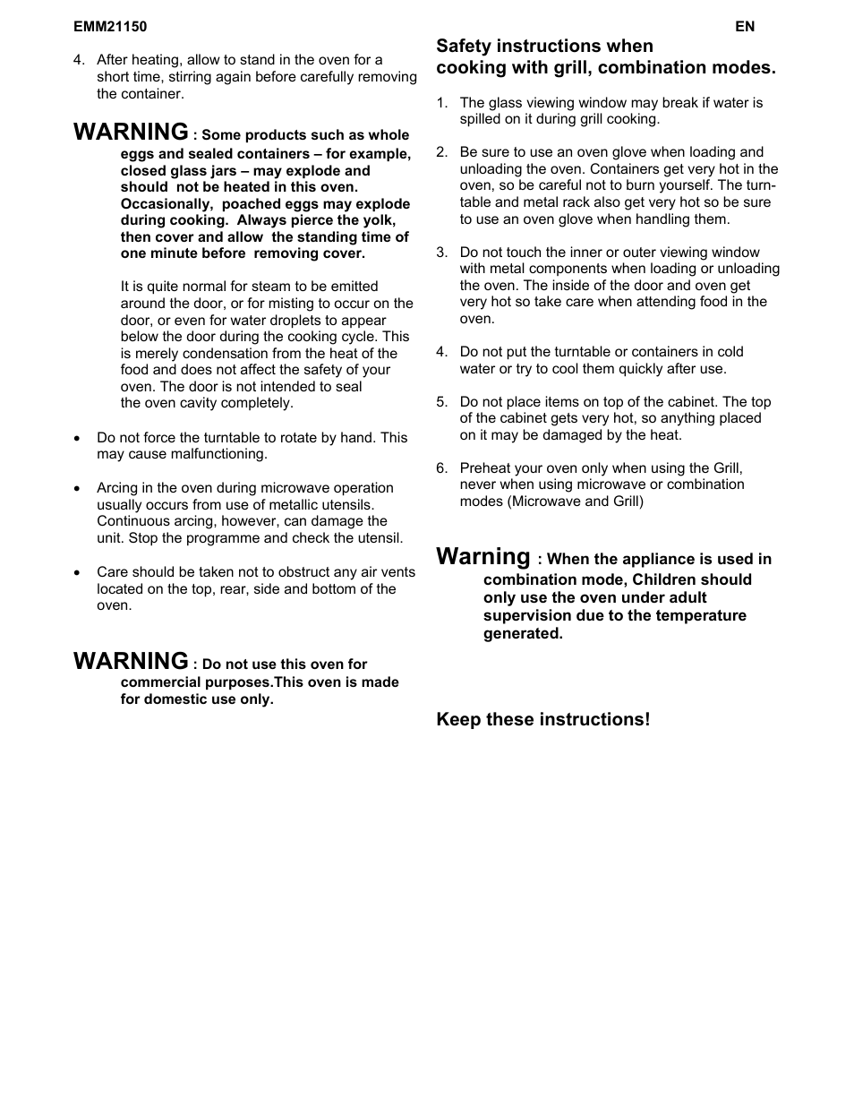 Warning | Electrolux EMM21150W User Manual | Page 7 / 180