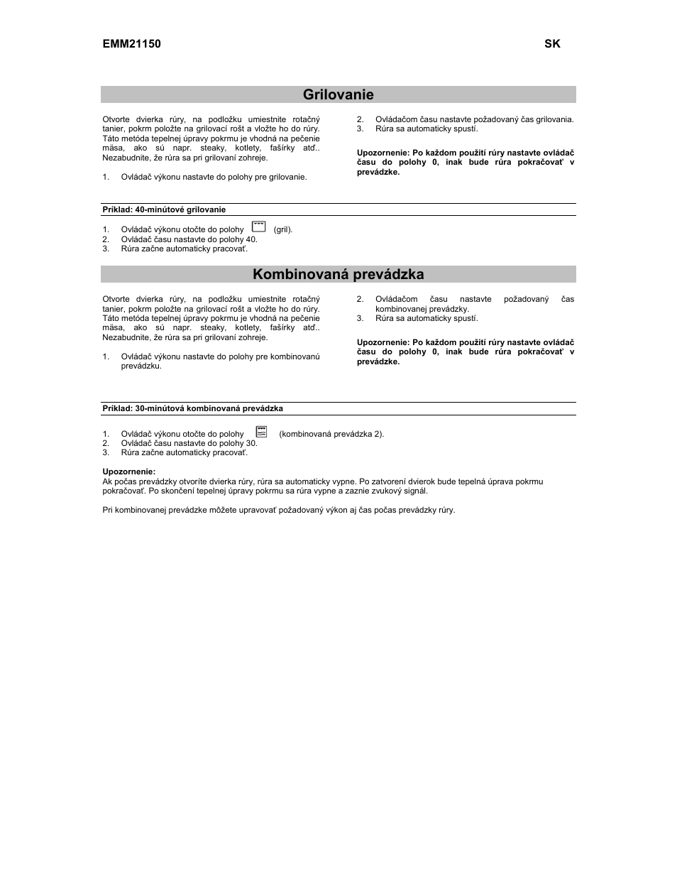 Grilovanie, Kombinovaná prevádzka | Electrolux EMM21150W User Manual | Page 70 / 180