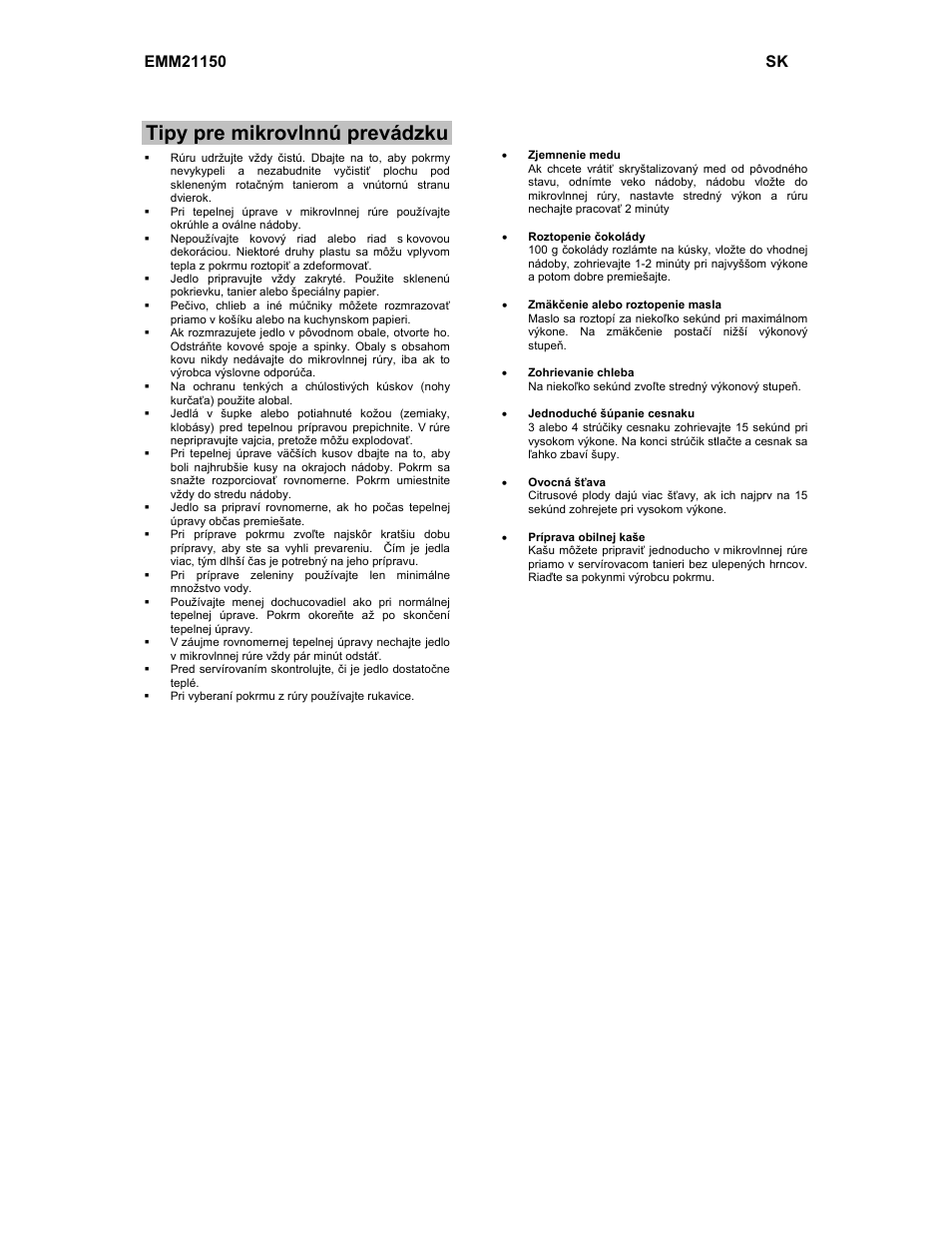 Tipy pre mikrovlnnú prevádzku | Electrolux EMM21150W User Manual | Page 73 / 180