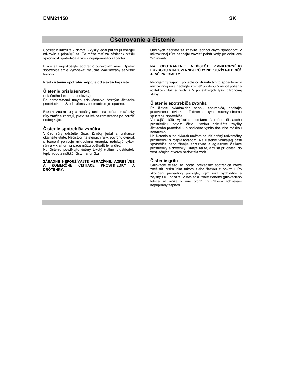 Ošetrovanie a čistenie | Electrolux EMM21150W User Manual | Page 74 / 180