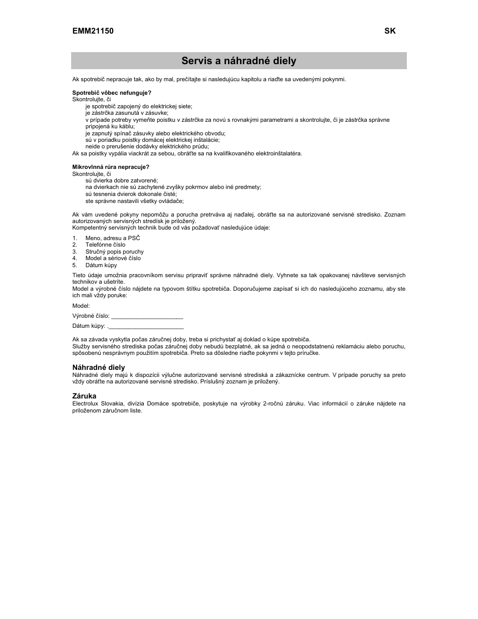 Servis a náhradné diely | Electrolux EMM21150W User Manual | Page 75 / 180