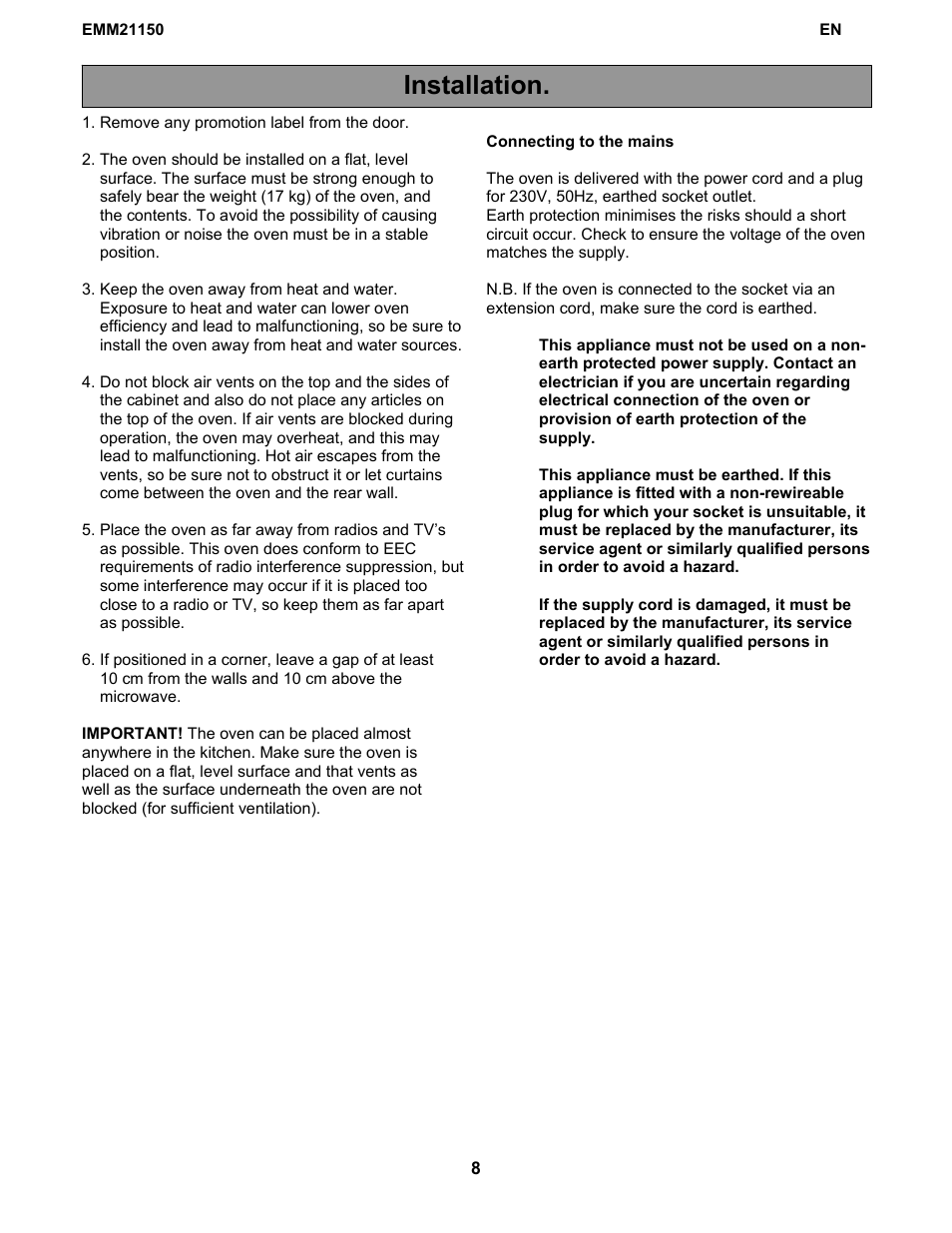 Installation | Electrolux EMM21150W User Manual | Page 8 / 180
