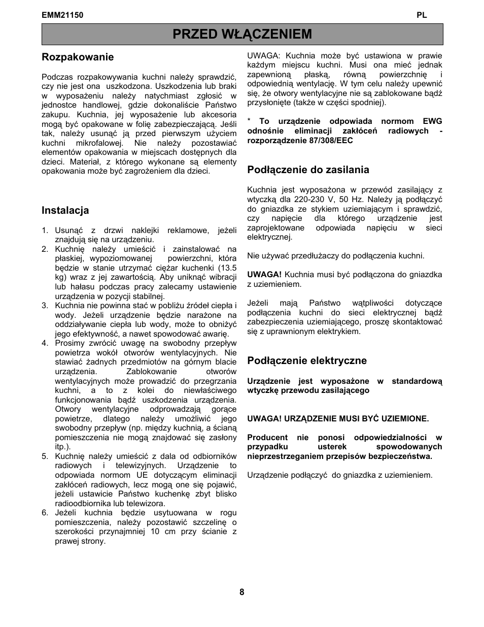 Przed włączeniem | Electrolux EMM21150W User Manual | Page 81 / 180