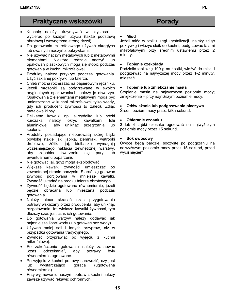 Praktyczne wskazówki porady | Electrolux EMM21150W User Manual | Page 88 / 180