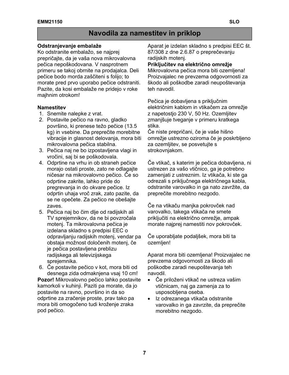 Navodila za namestitev in priklop | Electrolux EMM21150W User Manual | Page 96 / 180