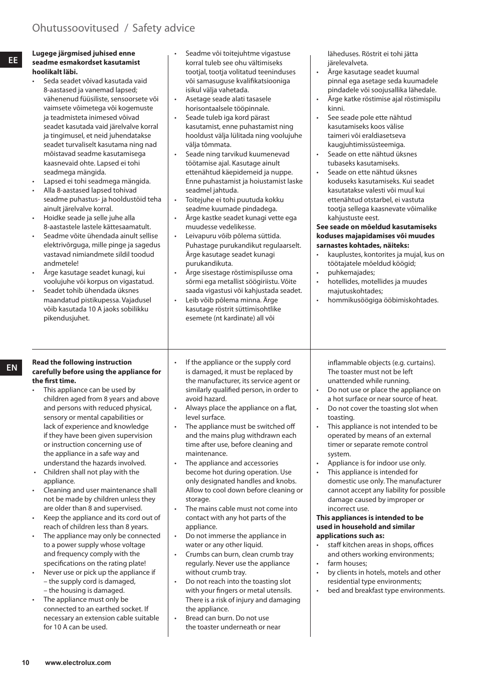 Safety advice, Ohutussoovitused | Electrolux EAT3200 User Manual | Page 10 / 44