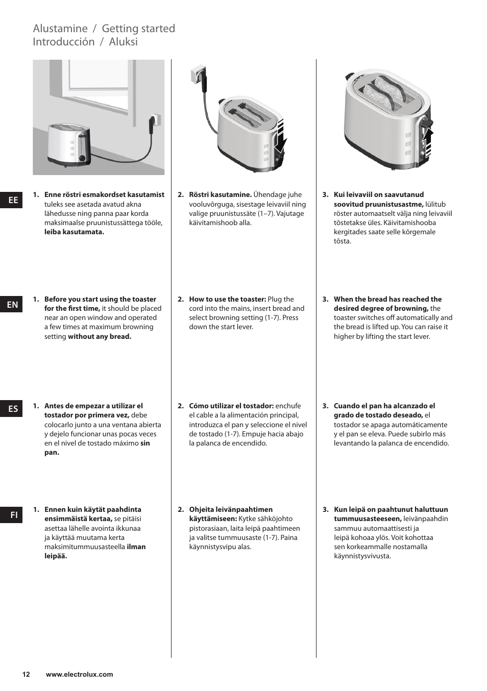 Getting started, Introducción, Aluksi | Alustamine | Electrolux EAT3200 User Manual | Page 12 / 44