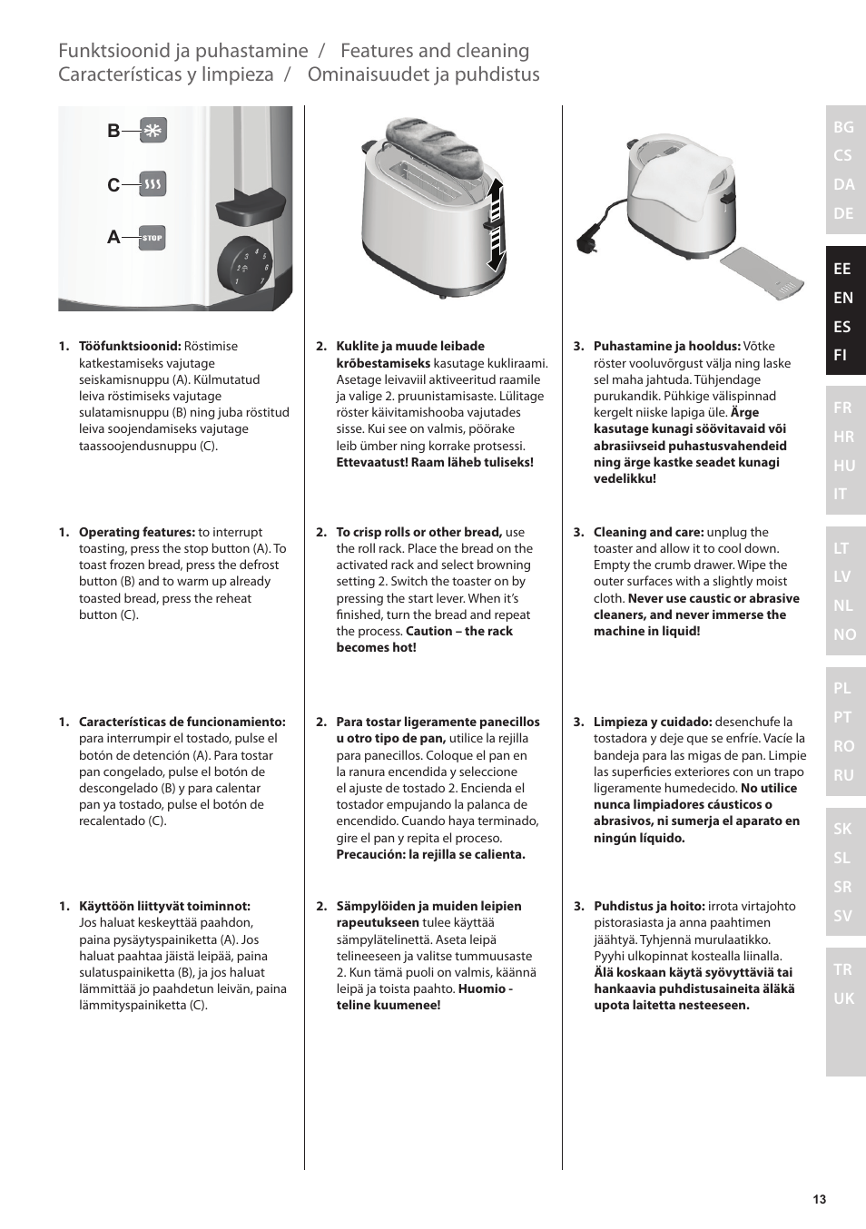 Features and cleaning, Características y limpieza, Ominaisuudet ja puhdistus | Funktsioonid ja puhastamine, Bc a | Electrolux EAT3200 User Manual | Page 13 / 44