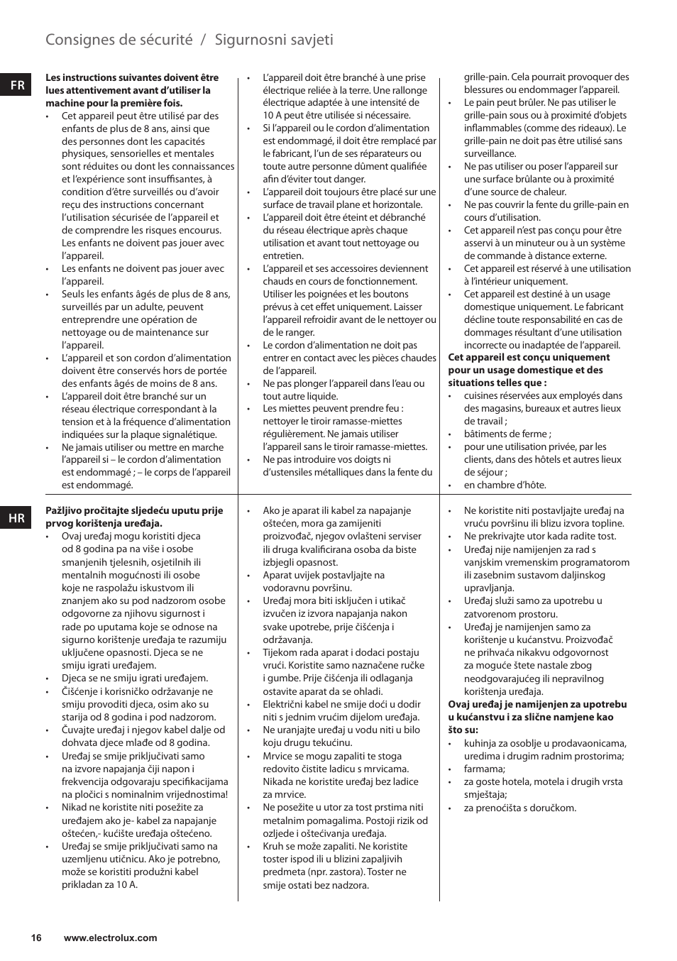 Consignes de sécurité, Sigurnosni savjeti, It hr | Electrolux EAT3200 User Manual | Page 16 / 44