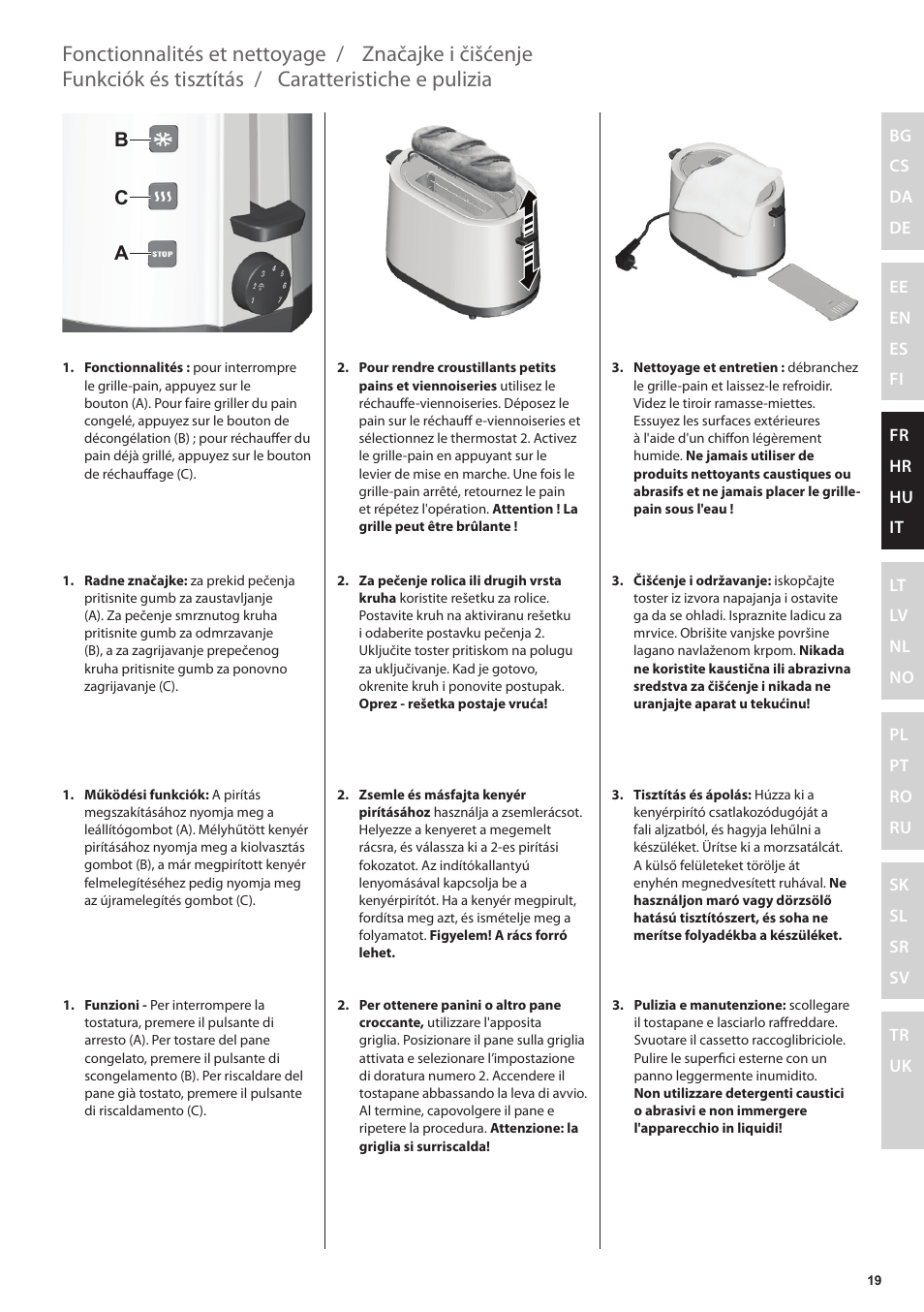 Caratteristiche e pulizia, Fonctionnalités et nettoyage, Funkciók és tisztítás | Značajke i čišćenje, Bc a | Electrolux EAT3200 User Manual | Page 19 / 44