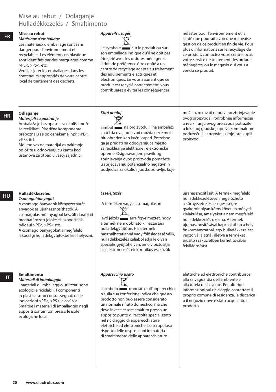 Mise au rebut, Hulladékkezelés, Smaltimento | Odlaganje | Electrolux EAT3200 User Manual | Page 20 / 44