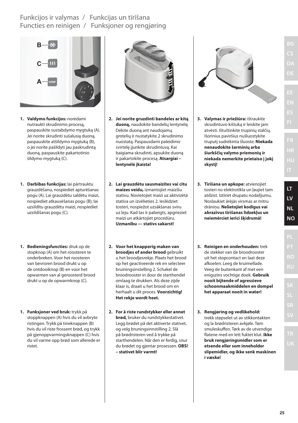 Functies en reinigen, Funksjoner og rengjøring, Funkcijas un tīrīšana | Funkcijos ir valymas, Bc a | Electrolux EAT3200 User Manual | Page 25 / 44