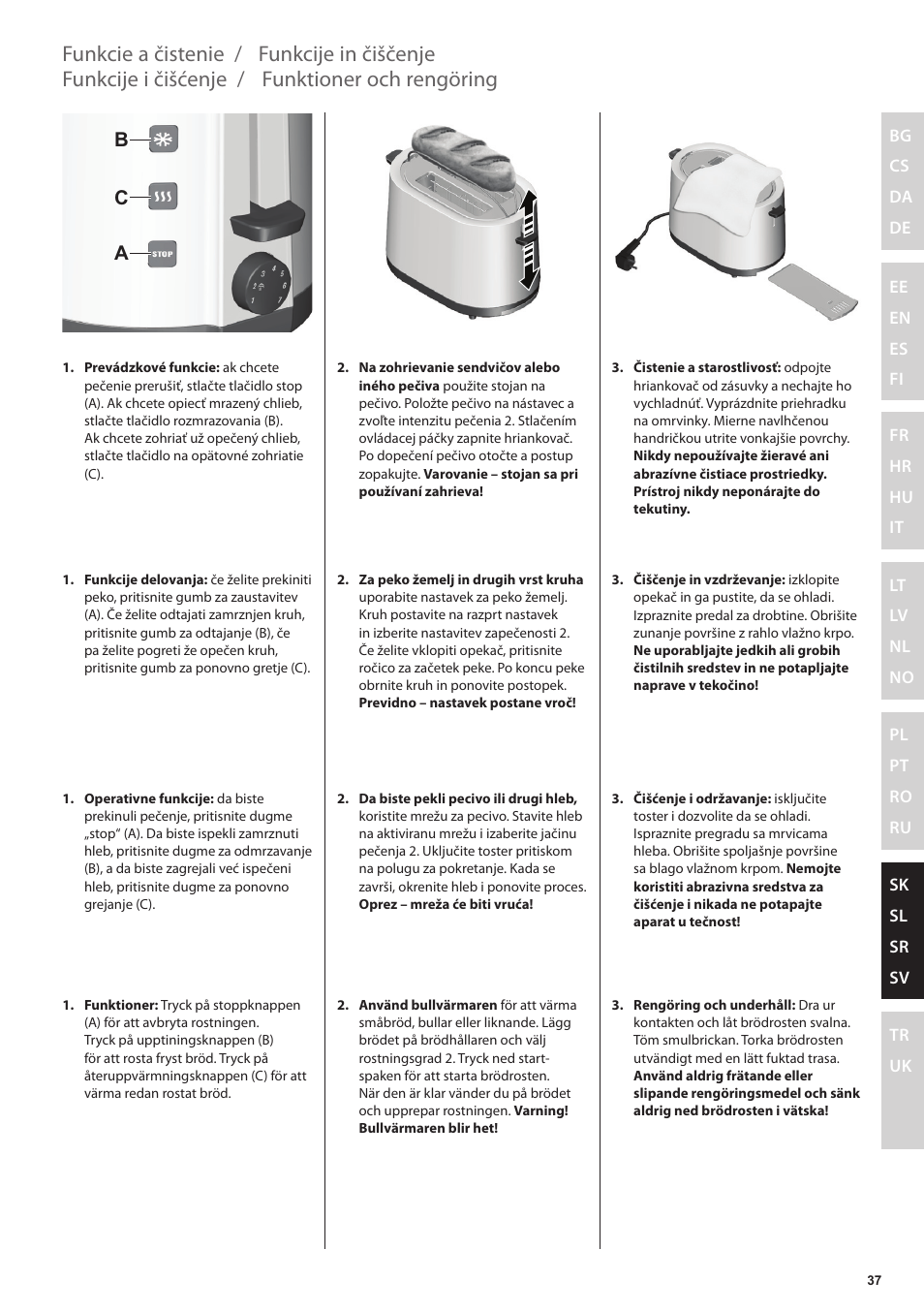 Funktioner och rengöring, Funkcie a čistenie, Funkcije i čišćenje | Funkcije in čiščenje, Bc a | Electrolux EAT3200 User Manual | Page 37 / 44