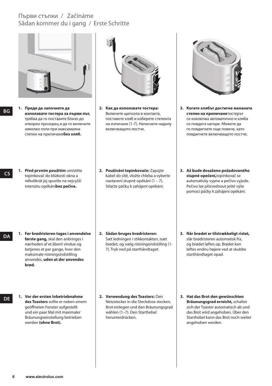 Erste schritte, Sådan kommer du i gang, Začínáme | Първи стъпки | Electrolux EAT3200 User Manual | Page 6 / 44