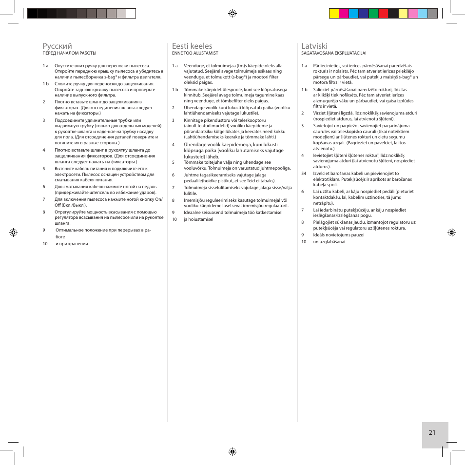 Eesti keeles, Pусский, Latviski | Electrolux ZCS2560C User Manual | Page 21 / 60