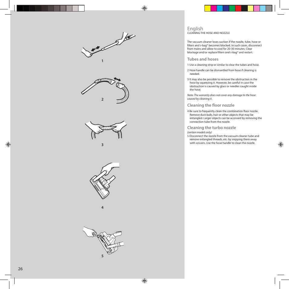 English, Tubes and hoses, Cleaning the floor nozzle | Cleaning the turbo nozzle | Electrolux ZCS2560C User Manual | Page 26 / 60