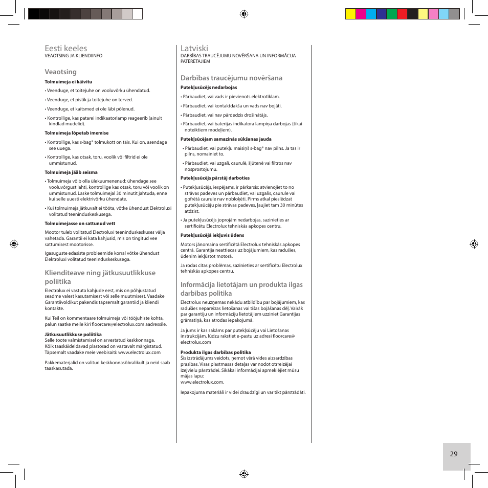 Eesti keeles, Latviski, Veaotsing | Klienditeave ning jätkusuutlikkuse poliitika, Darbības traucējumu novēršana | Electrolux ZCS2560C User Manual | Page 29 / 60