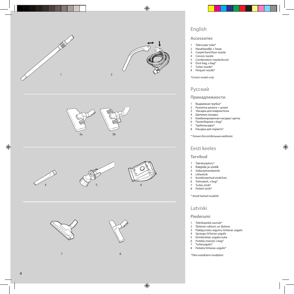 English, Pусский, Eesti keeles | Latviski, Accessories, Принадлежности, Tarvikud, Piederumi | Electrolux ZCS2560C User Manual | Page 4 / 60