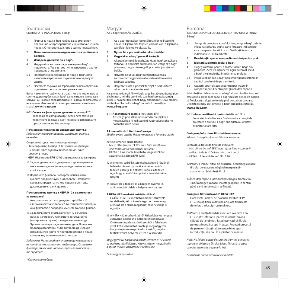 Magyar, Български, Română | Electrolux ZCS2560C User Manual | Page 45 / 60