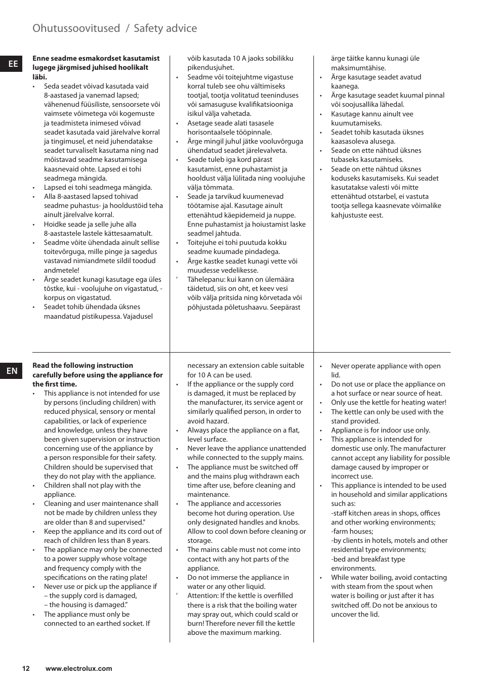 Safety advice, Ohutussoovitused | Electrolux EEWA3200 User Manual | Page 12 / 60