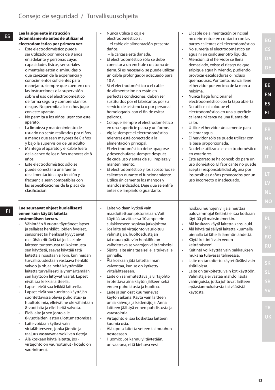 Consejo de seguridad, Turvallisuusohjeita | Electrolux EEWA3200 User Manual | Page 13 / 60