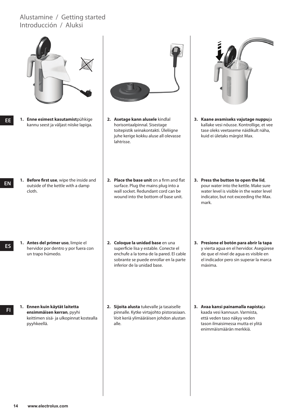 Getting started, Introducción, Aluksi | Alustamine | Electrolux EEWA3200 User Manual | Page 14 / 60