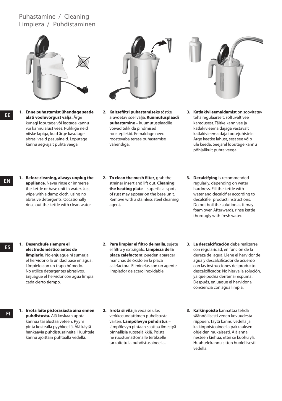 Cleaning, Limpieza, Puhdistaminen | Puhastamine | Electrolux EEWA3200 User Manual | Page 16 / 60