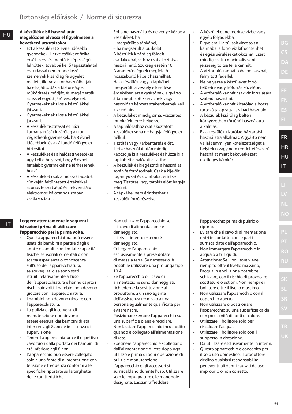 Norme di sicurezza, Biztonsági előírások | Electrolux EEWA3200 User Manual | Page 21 / 60