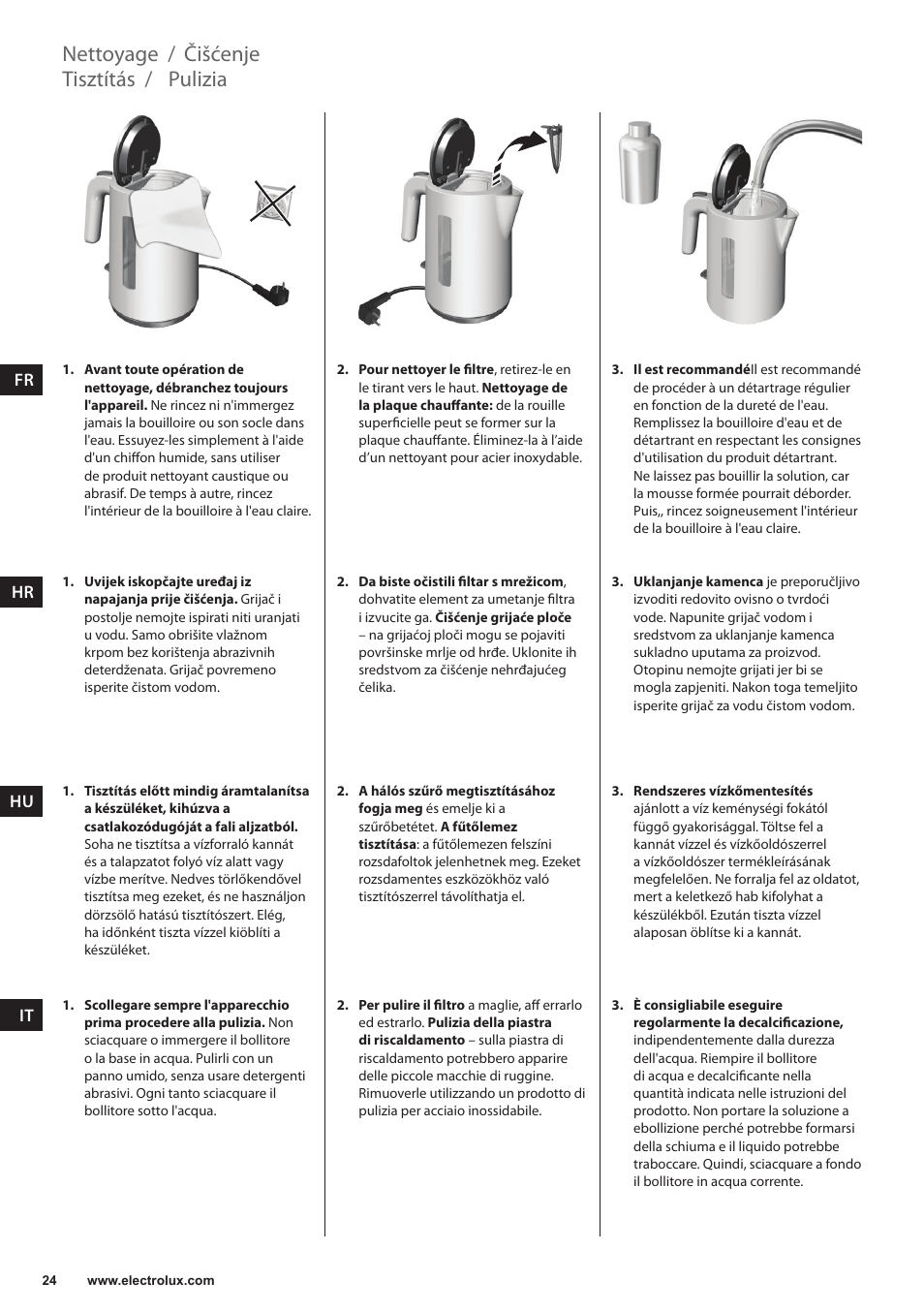 Nettoyage, Tisztítás, Pulizia | Čišćenje | Electrolux EEWA3200 User Manual | Page 24 / 60