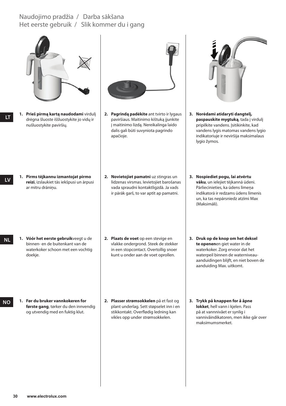 Het eerste gebruik, Slik kommer du i gang, Darba sākšana naudojimo pradžia | Electrolux EEWA3200 User Manual | Page 30 / 60