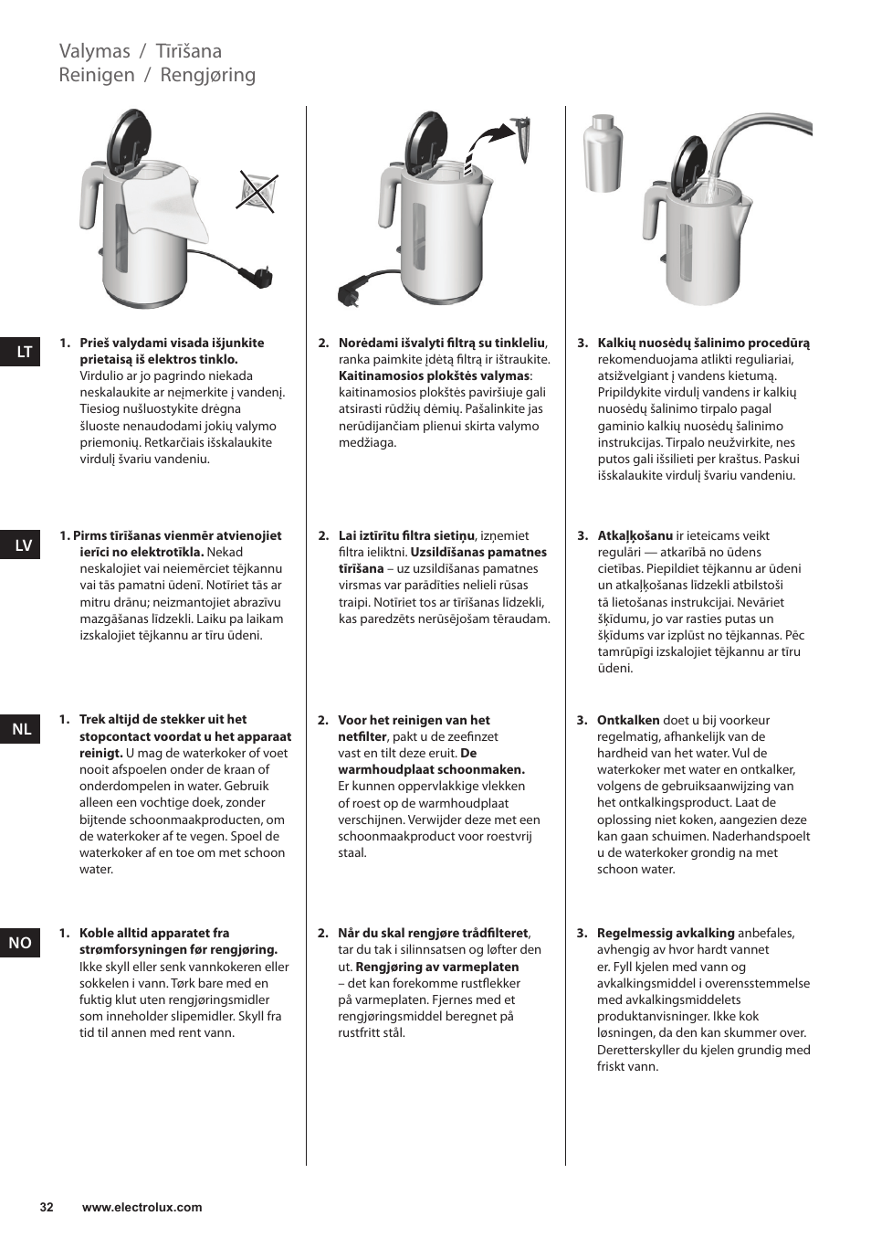 Reinigen, Rengjøring, Tīrīšana | Valymas | Electrolux EEWA3200 User Manual | Page 32 / 60