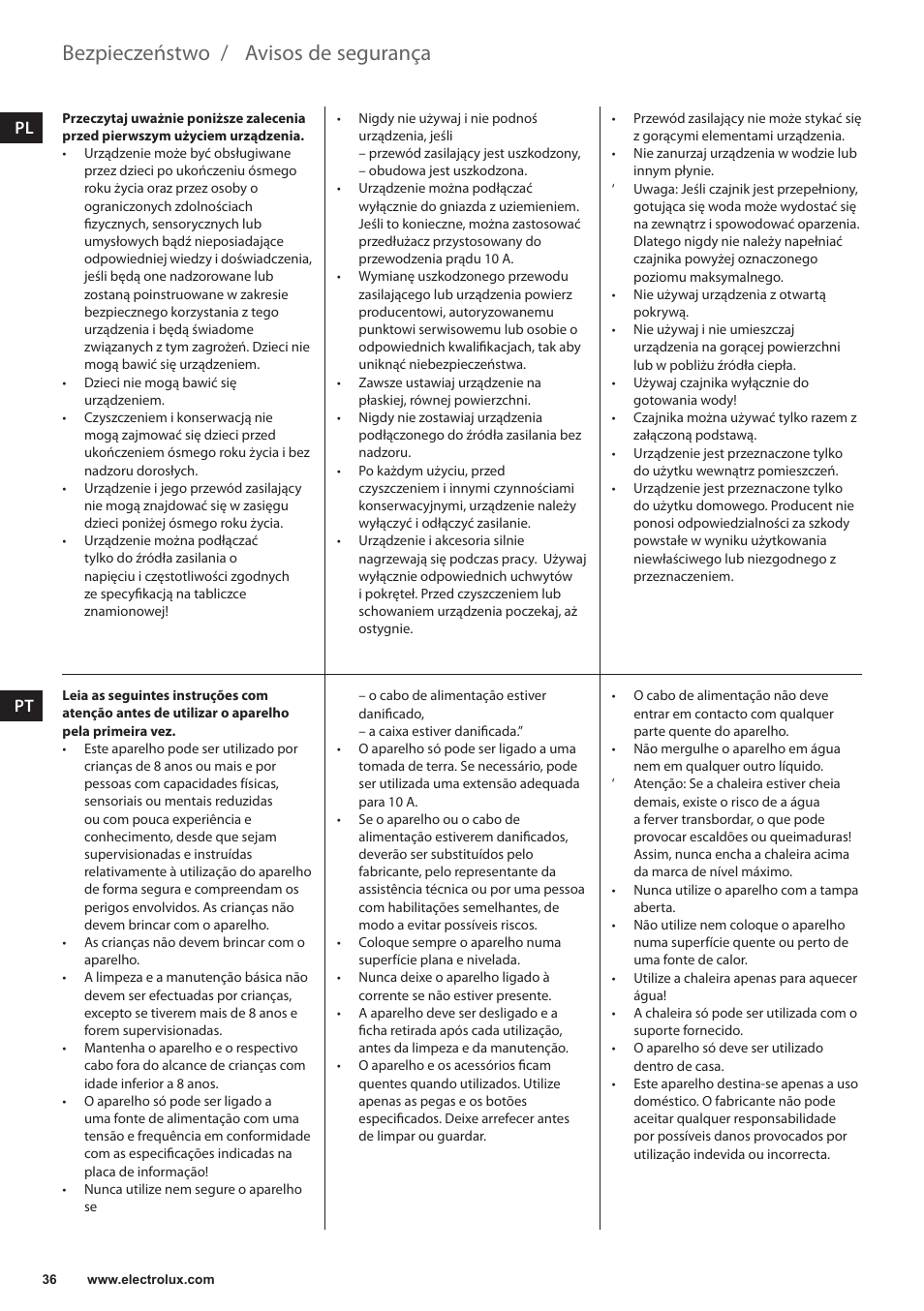 Avisos de segurança, Bezpieczeństwo | Electrolux EEWA3200 User Manual | Page 36 / 60