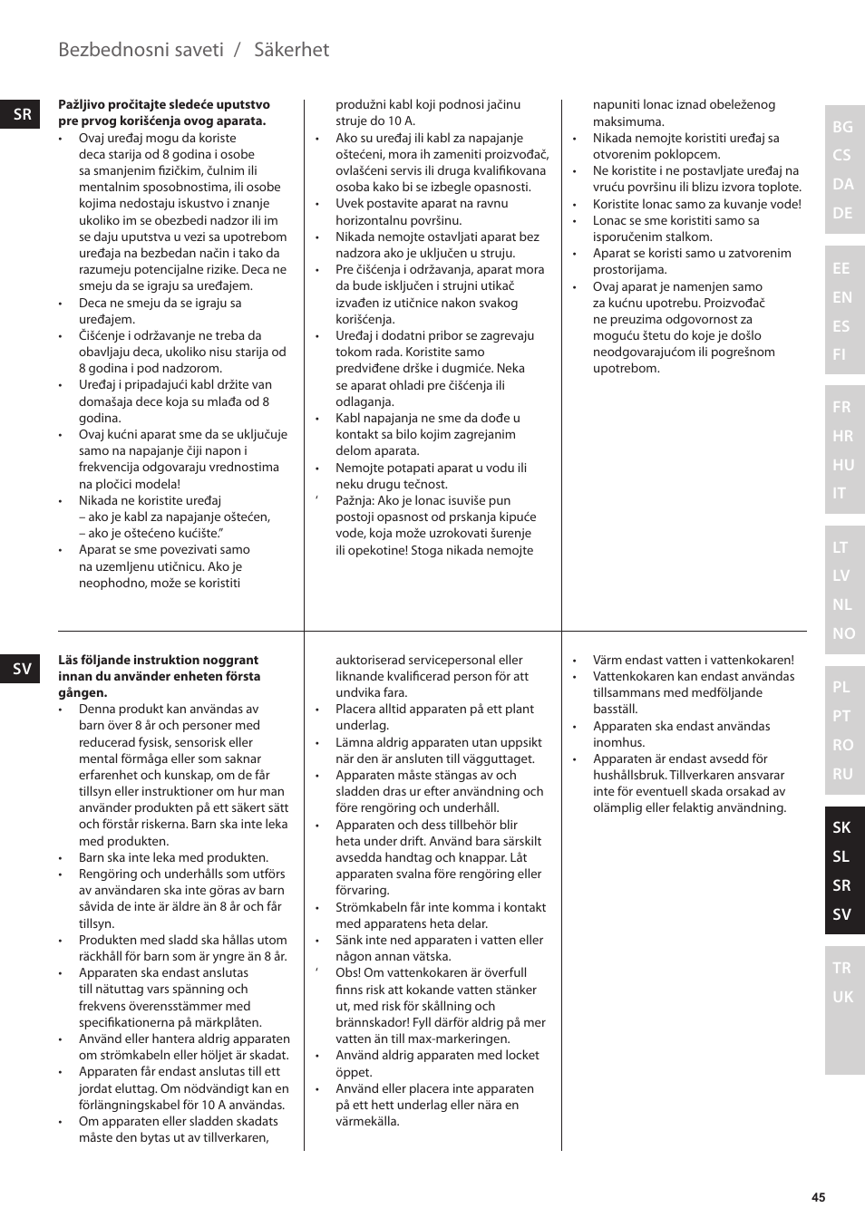 Säkerhet, Bezbednosni saveti | Electrolux EEWA3200 User Manual | Page 45 / 60