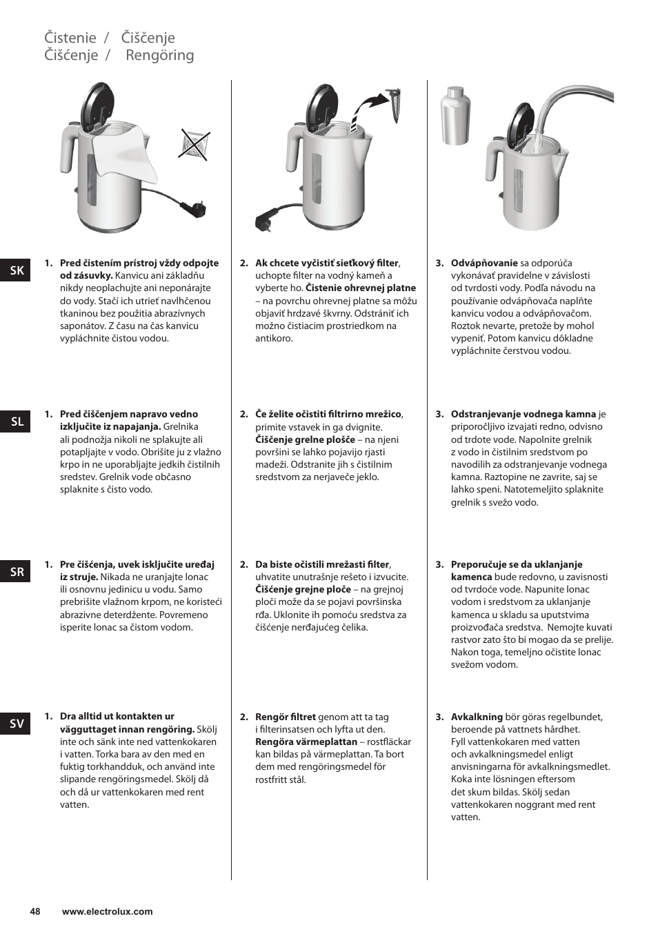 Rengöring, Čistenie, Čišćenje | Čiščenje | Electrolux EEWA3200 User Manual | Page 48 / 60