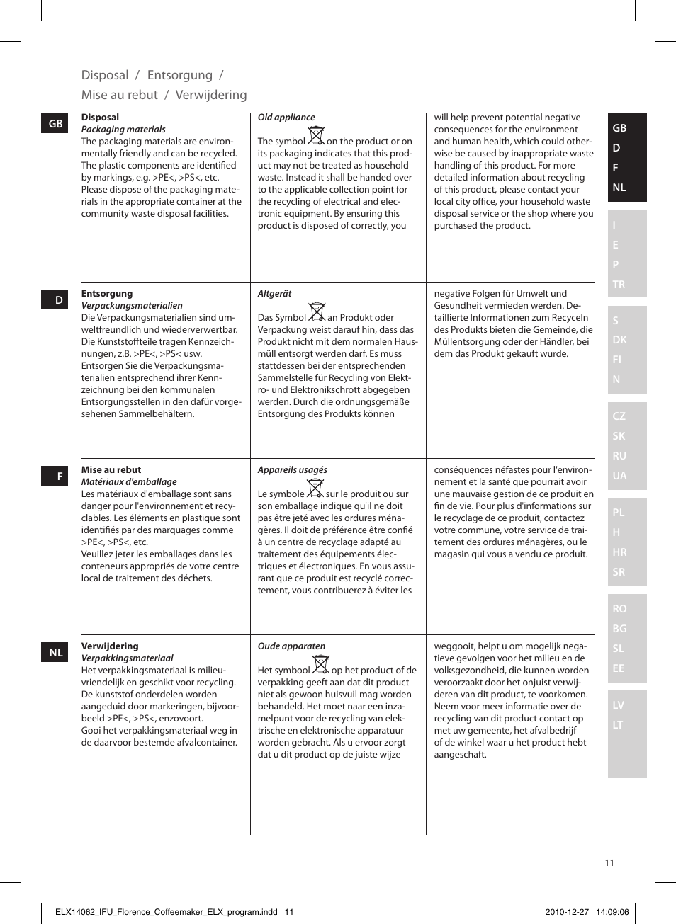 Disposal, Entsorgung, Mise au rebut | Verwijdering | Electrolux EKF5220 User Manual | Page 11 / 72