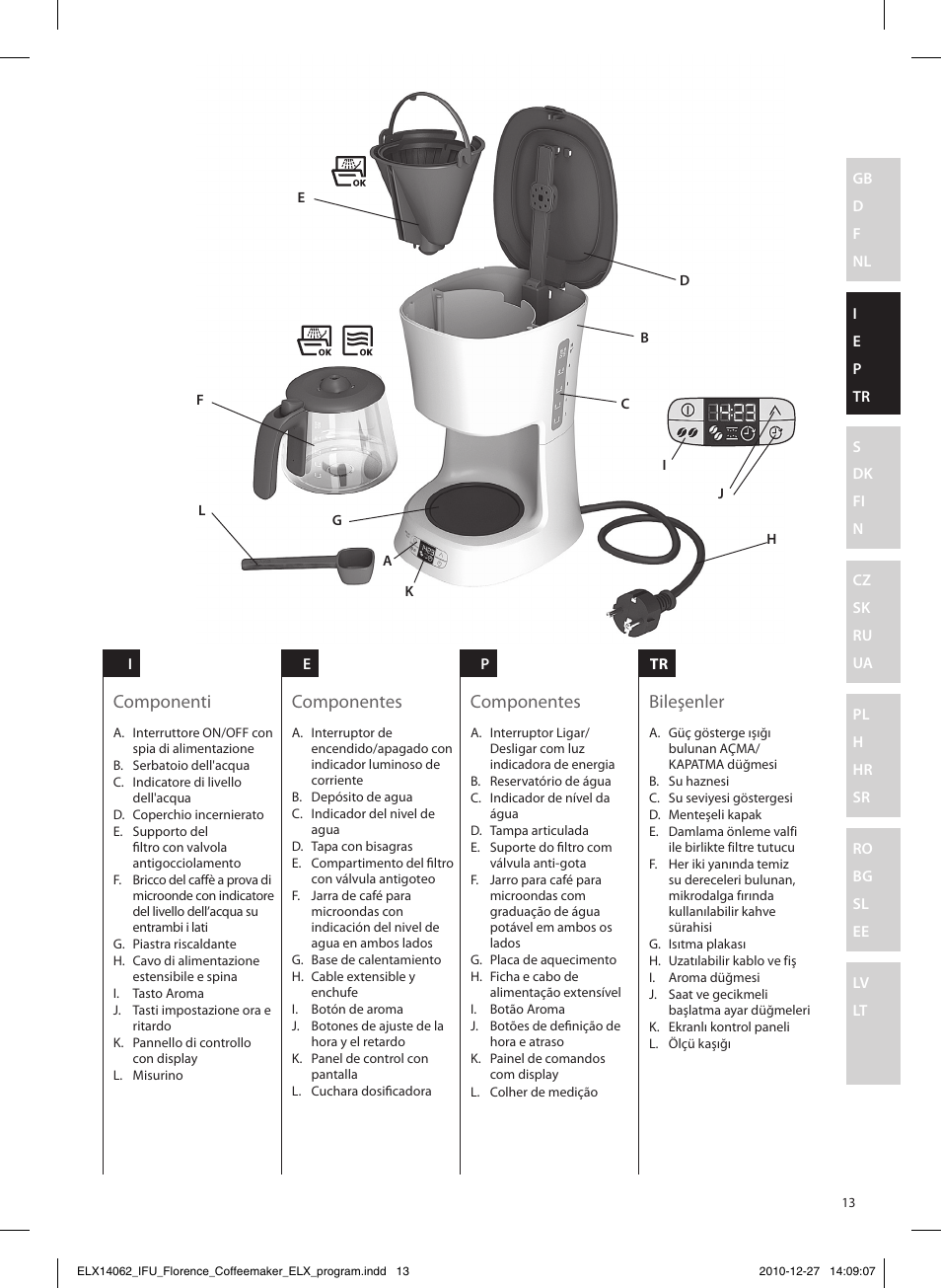 Componenti componentes componentes bileşenler | Electrolux EKF5220 User Manual | Page 13 / 72